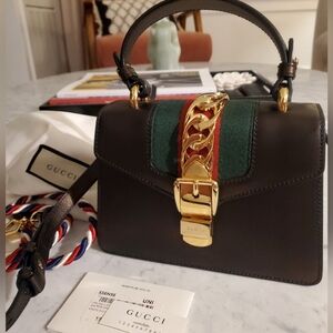 GUCCI Mini Sylvie Bag, Black Leather with Two Straps, Auth Card, Tags, Dust Bag